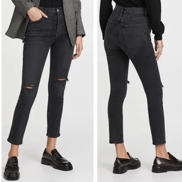 Agolde Black Nico High Wasted Ripped Knee Button Fly Slim Jean Distressed - Picture 1 of 16